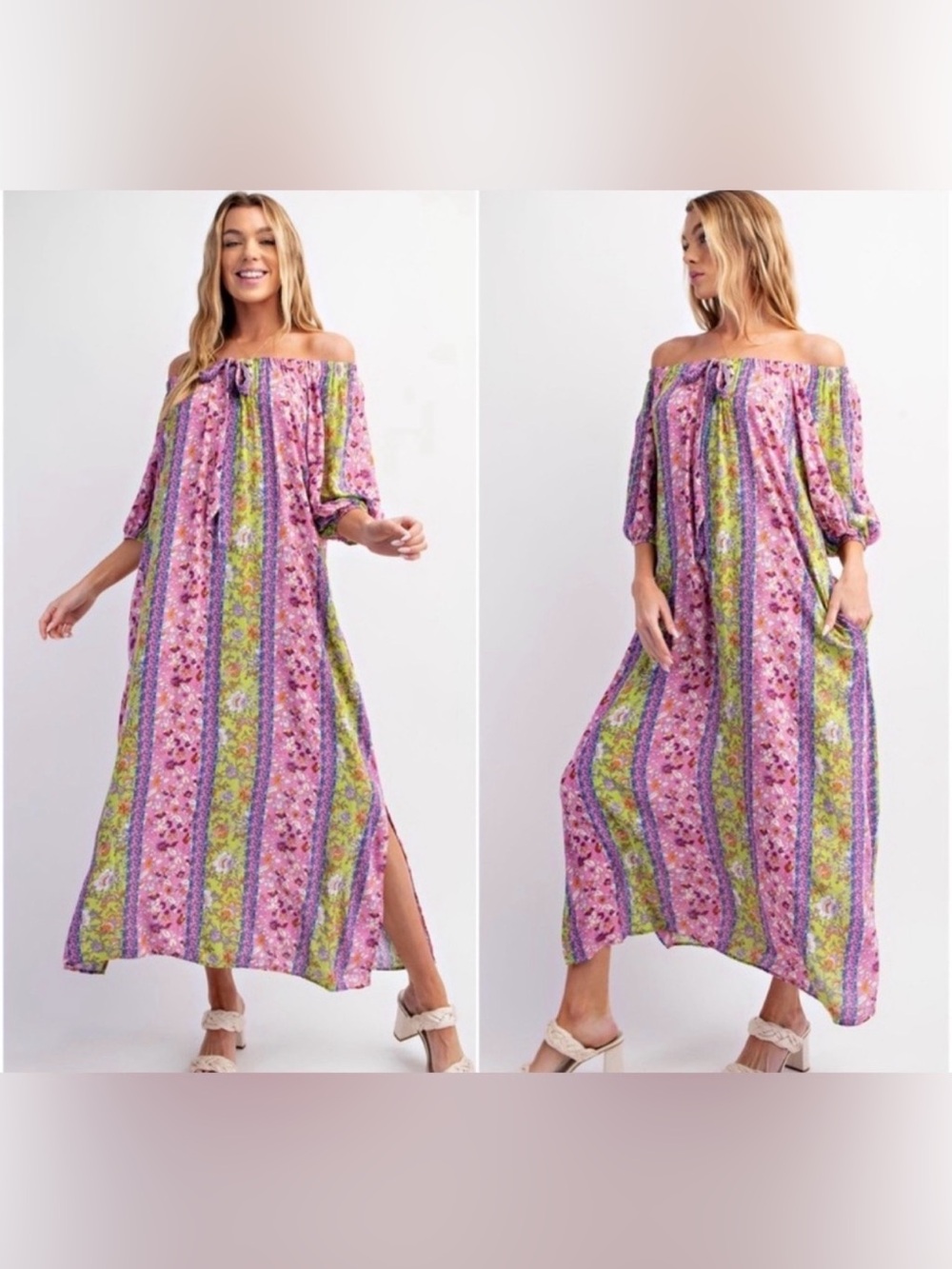 NWT Easel Pink Purple Green Floral Paisley Striped Off-Shoulder Maxi Dress